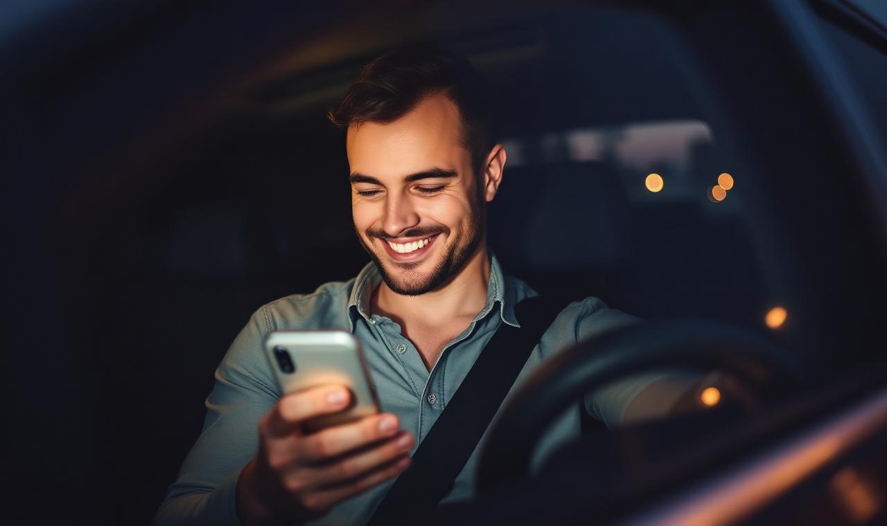 Pessoa consultando o celular dentro de um carro